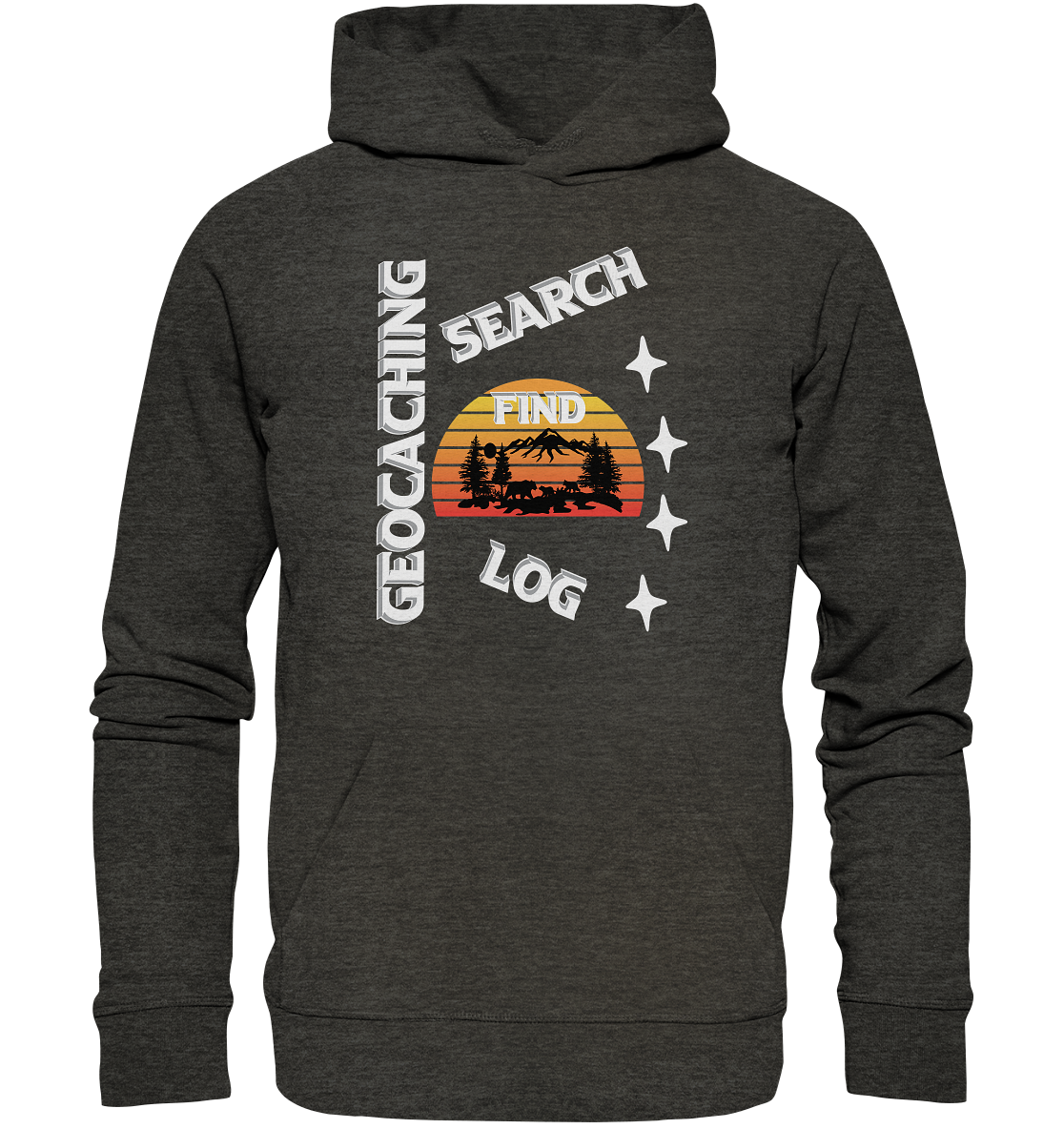 Geocaching-SEARCH-FIND-LOG, Cache Helles Design, Mounten - Organic Hoodie