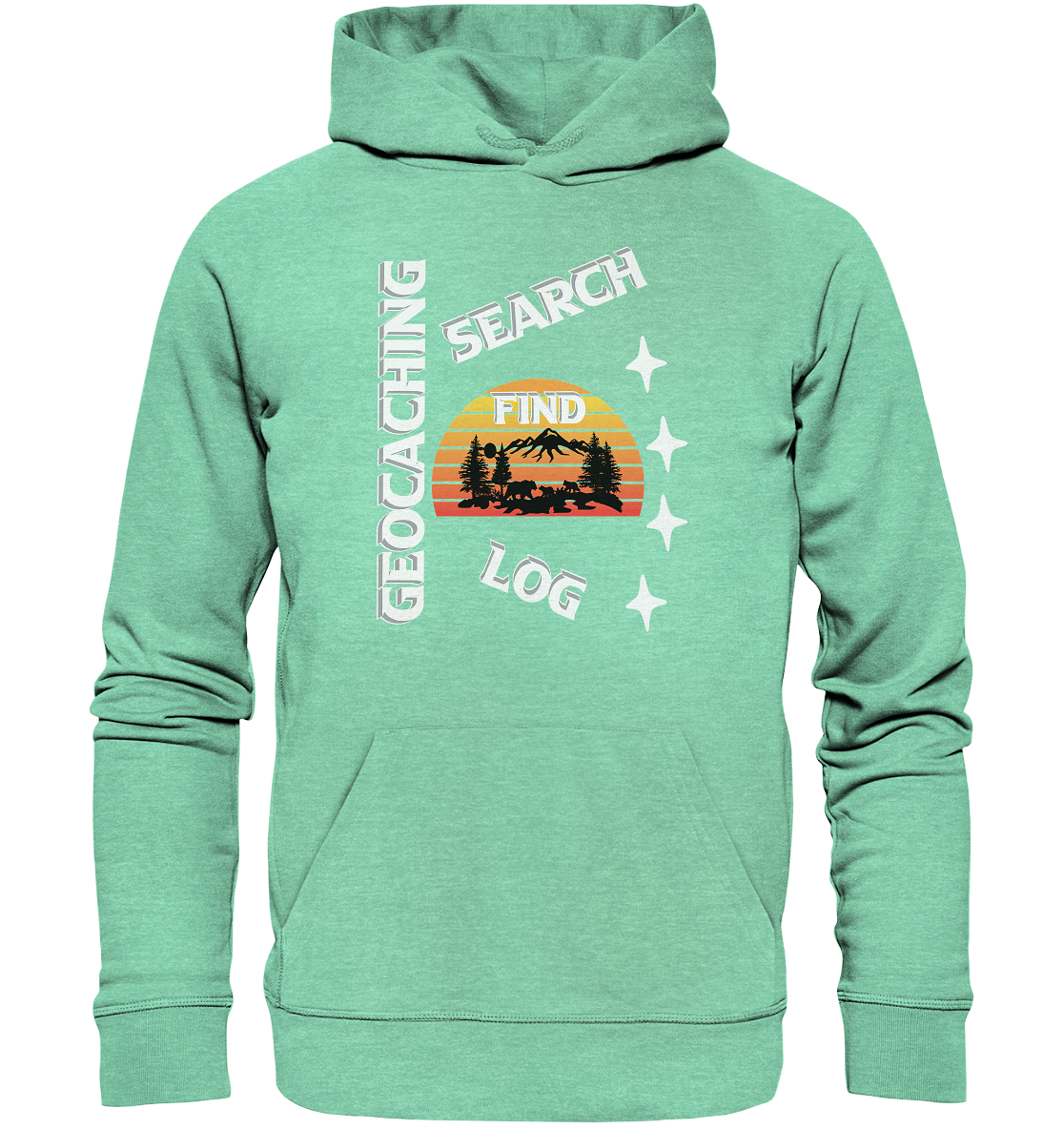 Geocaching-SEARCH-FIND-LOG, Cache Helles Design, Mounten - Organic Hoodie