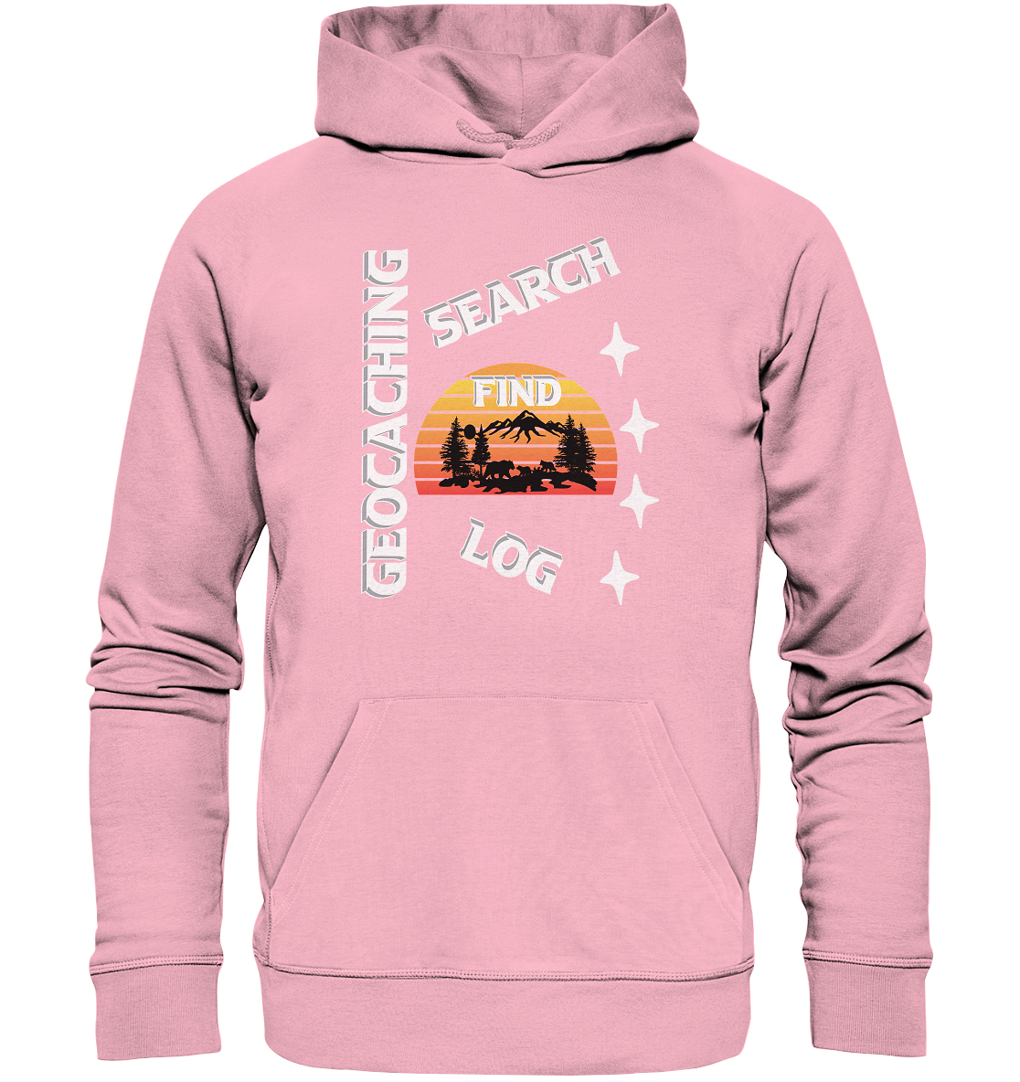 Geocaching-SEARCH-FIND-LOG, Cache Helles Design, Mounten - Organic Hoodie