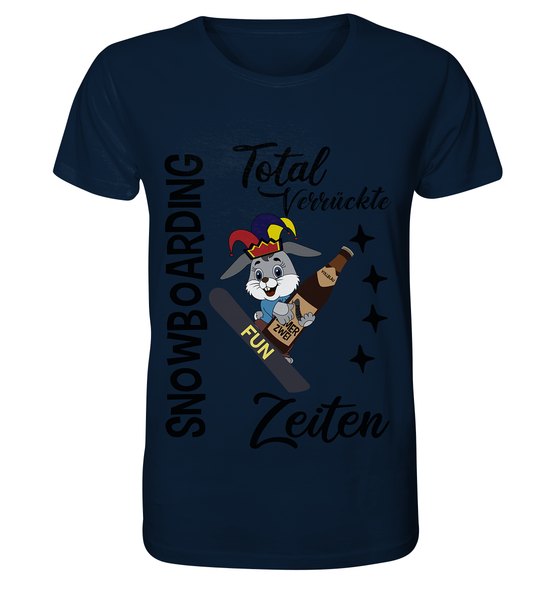 Snowboarding,verrückte Zeiten, Osterhase mit Bierflasche, Faschingsmütze - Organic Shirt