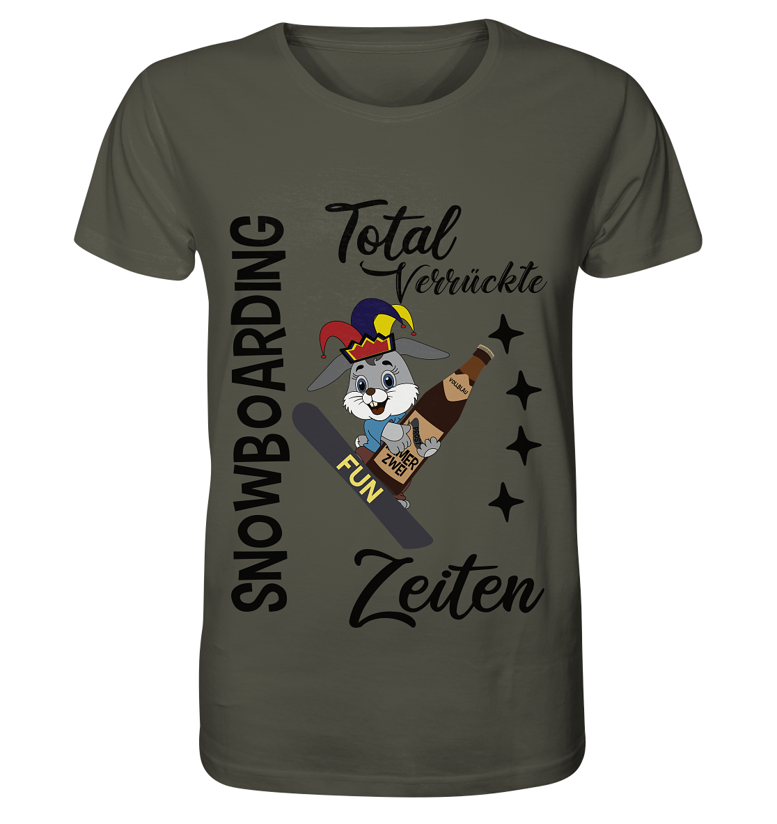 Snowboarding,verrückte Zeiten, Osterhase mit Bierflasche, Faschingsmütze - Organic Shirt