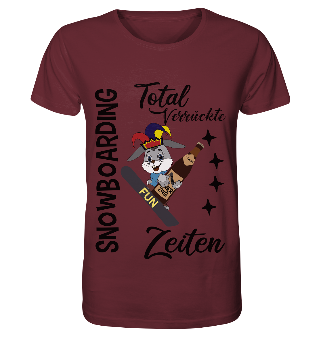 Snowboarding,verrückte Zeiten, Osterhase mit Bierflasche, Faschingsmütze - Organic Shirt