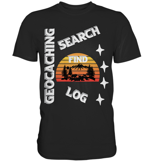 Geocaching-SEARCH-FIND-LOG, Cache Helles Design, Mounten - Premium Shirt