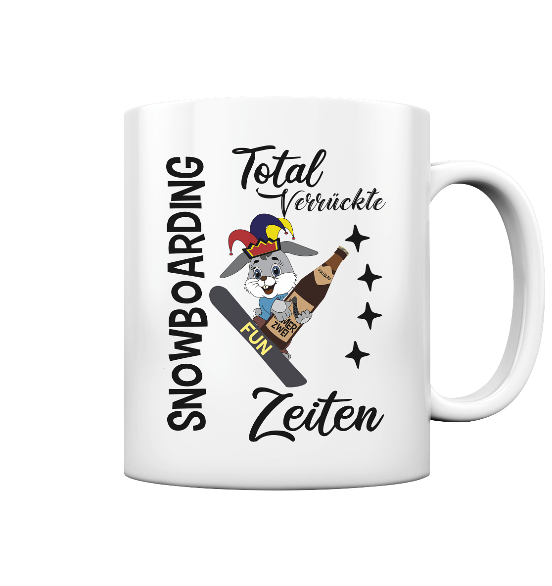 Snowboarding,verrückte Zeiten, Osterhase mit Bierflasche, Faschingsmütze - Tasse glossy