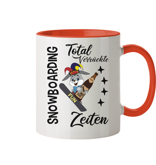 Snowboarding,verrückte Zeiten, Osterhase mit Bierflasche, Faschingsmütze - Tasse zweifarbig