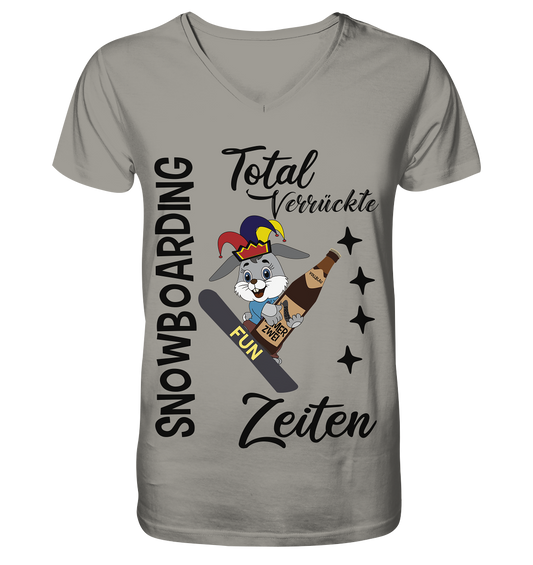 Snowboarding,verrückte Zeiten, Osterhase mit Bierflasche, Faschingsmütze - V-Neck Shirt