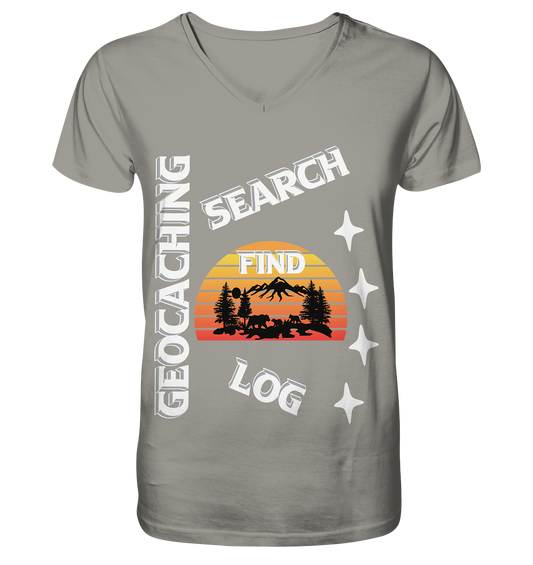 Geocaching-SEARCH-FIND-LOG, Cache Helles Design, Mounten - V-Neck Shirt