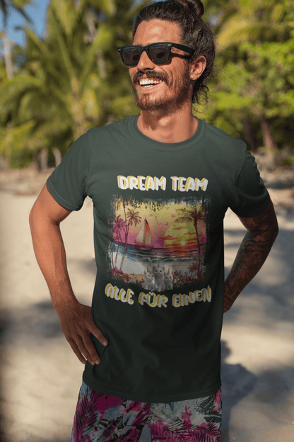 Premium Shirt - DREAM TEAM ALLE FÜR EINEN weiße Schrift mit Sonnenuntergang am Meer und 3 Einhorn-Kätzchen