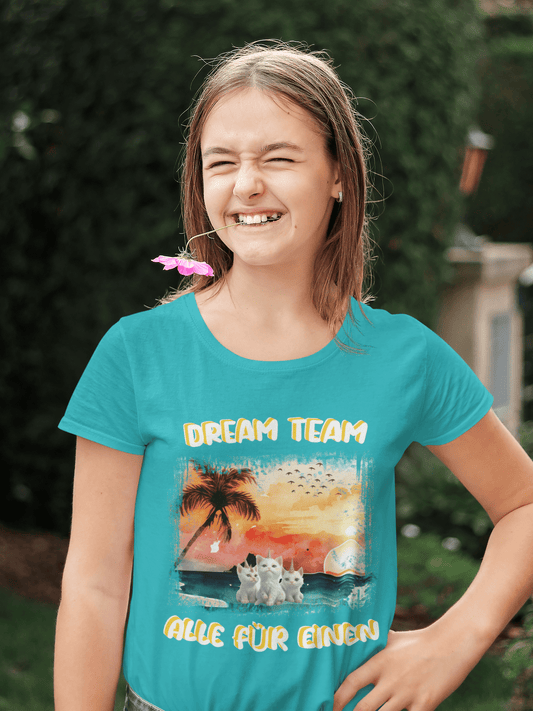  Ladies Premium Shirt - DREAM TEAM ALLE FÜR EINEN weiße Schrift mit Sonnenuntergang am Meer und 3 Einhorn-Kätzchen